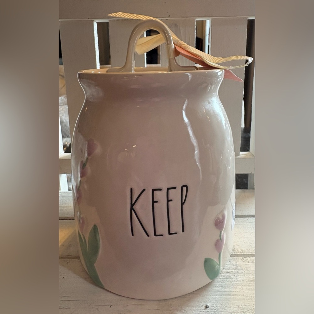 New Rae Dunn Pink and White Ceramic KEEP Canister